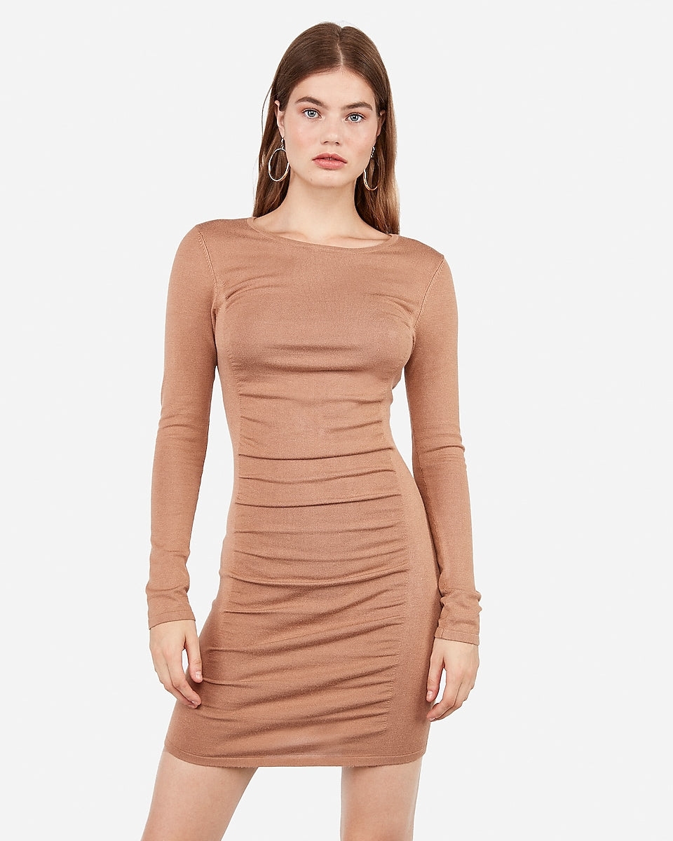 Ruched Long Sleeve Sweater Dress in ...